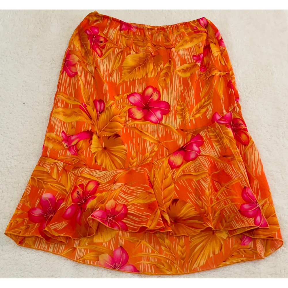 Versailles Orange Tropical Hibiscus Floral Ruffle Hem Midi Skirt Womens Medium